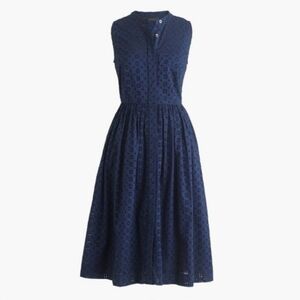 J Crew Eyelet Button Up Midi Dress Navy Blue 100% Cotton Size 12